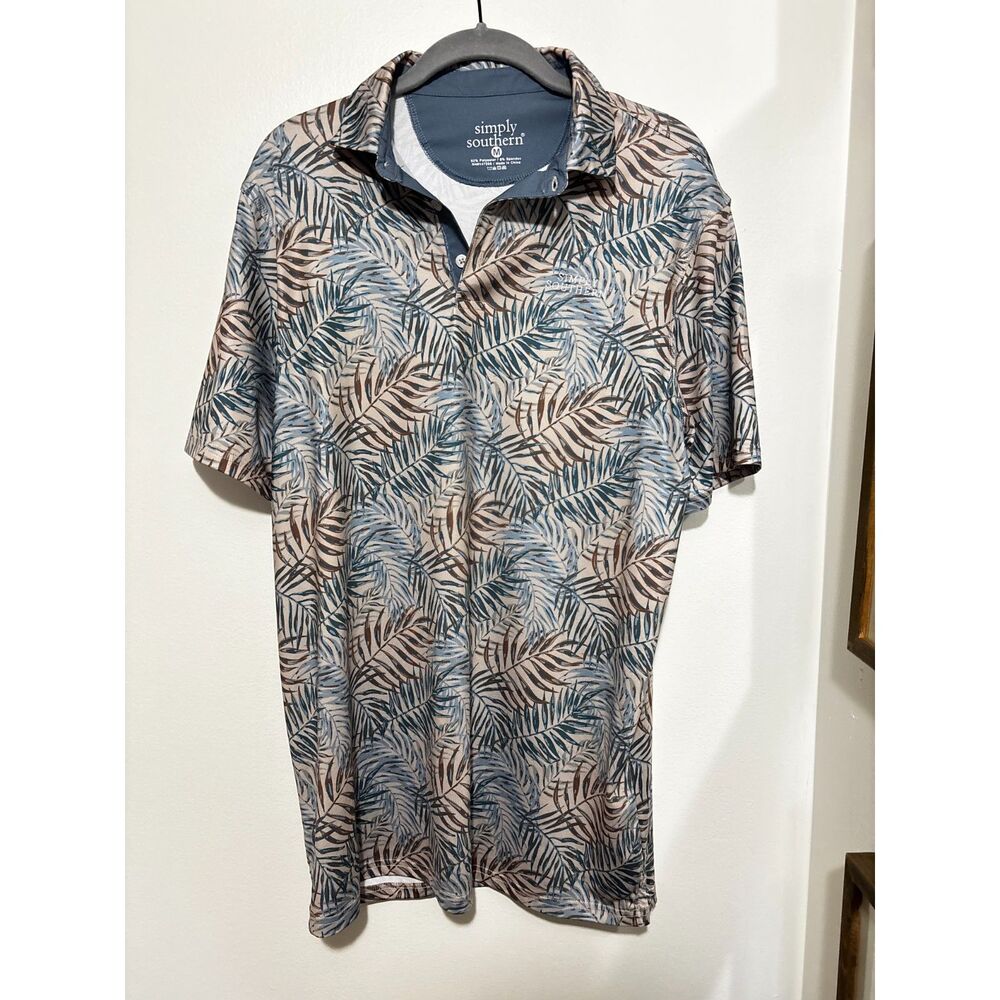 Simply Southern Men’s Performance Polo‎ Palm Leaf Print Short Sleeve Size M